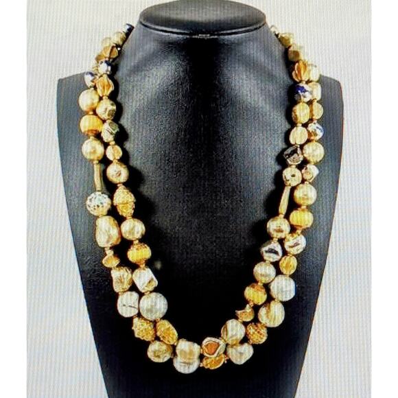 VTG Signed Hattie Carnegie Two Strand Goldtone & Silver Tone Beaded 19" Necklace - Picture 2 of 15